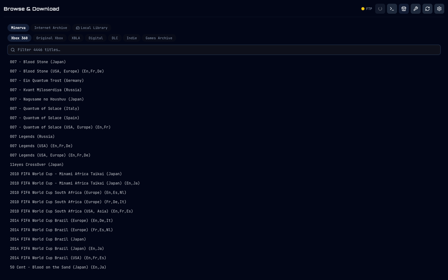 GODsend 360 Browse & Download view — Minerva Archive selected, Xbox 360 platform filter active, list of 4,446 titles ready to install