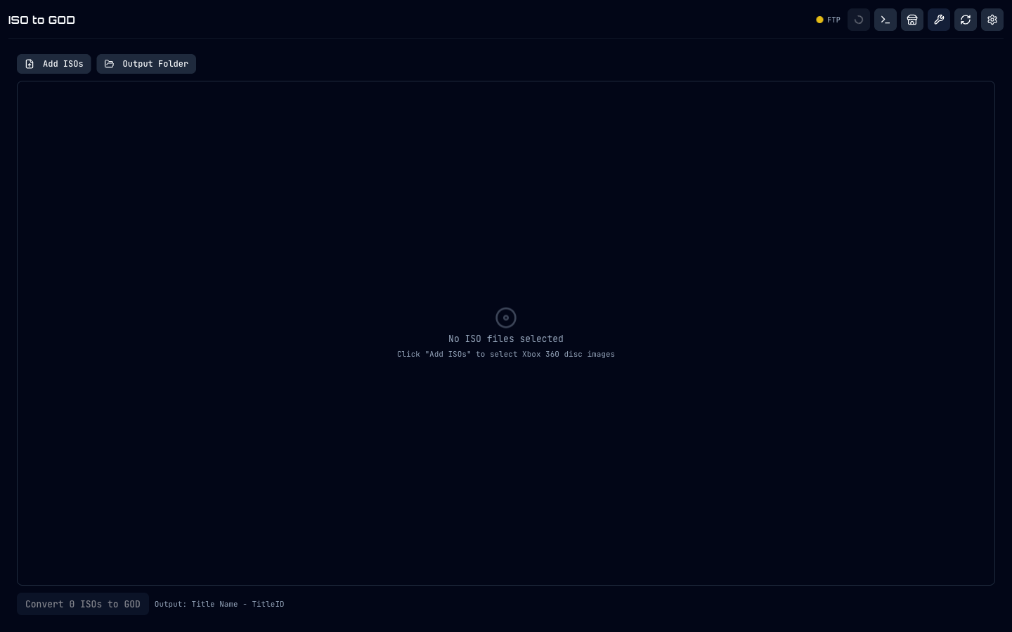 ISO to GOD converter: Add ISOs and Output Folder pickers, empty state prompting the user to choose Xbox 360 disc images, and the Convert action ready to fire.