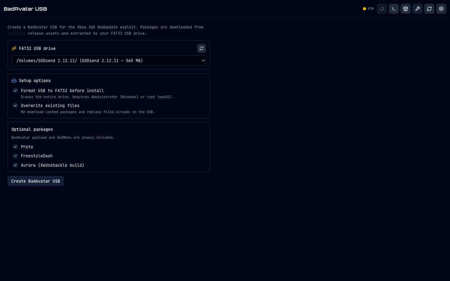 BadAvatar USB tool: FAT32 USB drive picker, setup options (Format USB, Overwrite existing files), optional packages (Proto, FreestyleDash, Aurora XeUnshackle), and Create BadAvatar USB button.