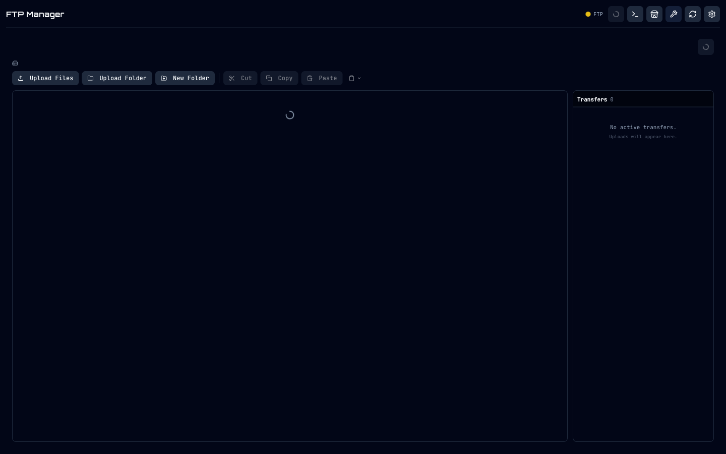FTP Manager: file browser with Upload Files, Upload Folder, New Folder, Cut, Copy, and Paste actions, plus a live Transfers panel on the right.